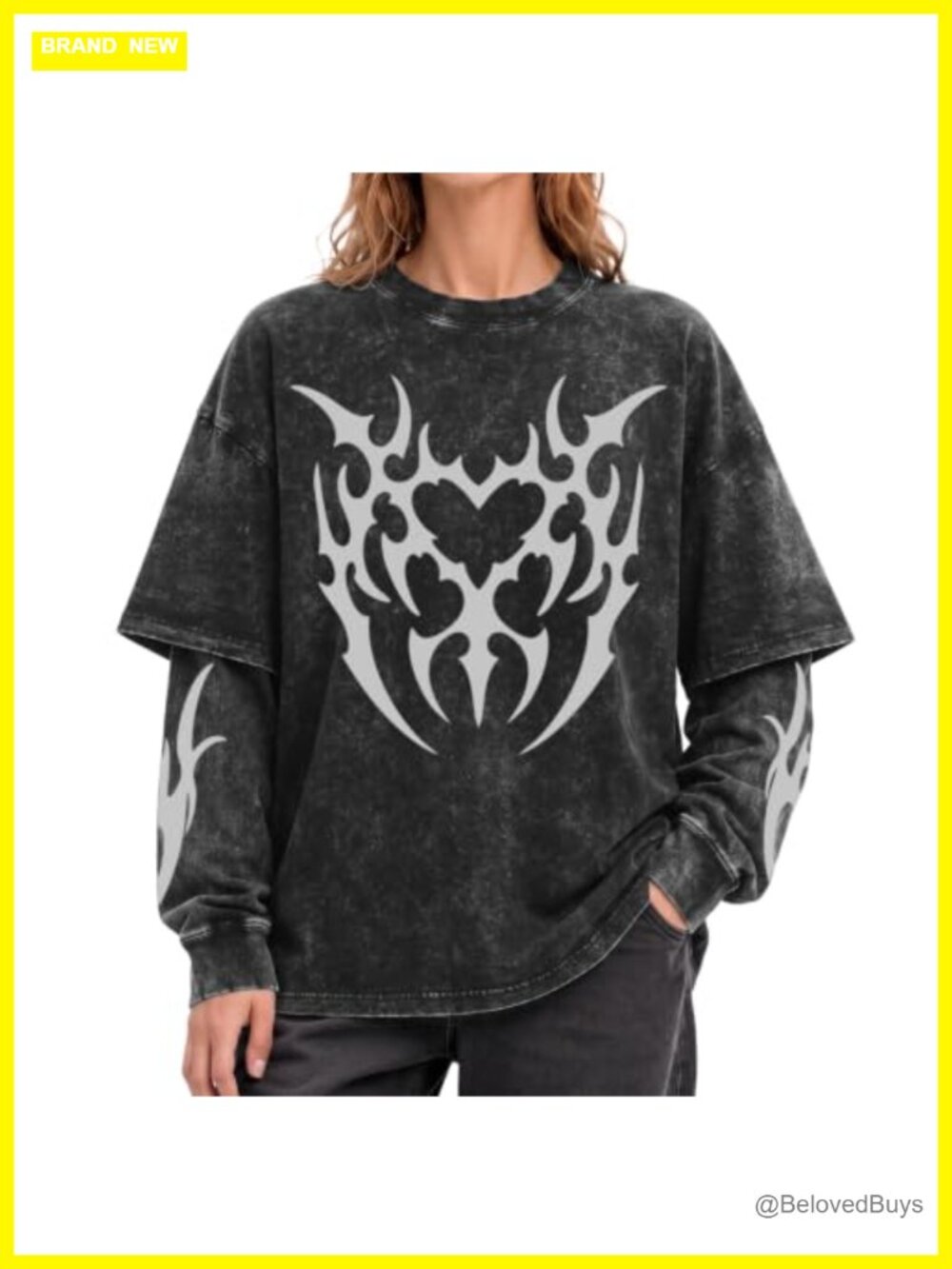Women Y2K Goth 2 in 1 Layered Long Sleeve Tee Cotton Oversized Shirt